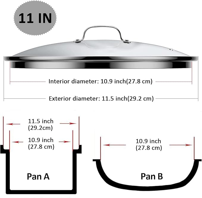 Premium Tempered Clear Glass Lids, 11", 12", 13" Stainless Steel Replacement Lid for Pots, Pans and Skillets, Large Glass Covers with Steam Vent