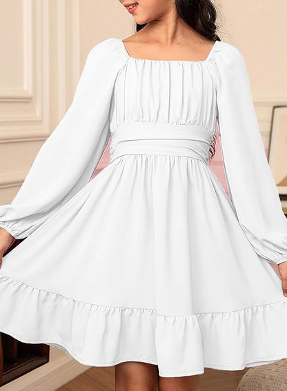blibean Girls Long Sleeve Tie Back Dress Tween Fall Off Shoulder Dress Size 6-15 Years