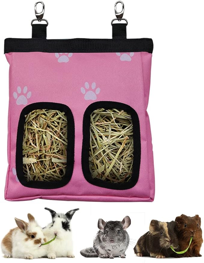 Guinea Pig Hay Feeder, Hanging Rabbit Hay Feeder Bag for Guinea Pigs Bunnies Chinchillas. Pink Paws