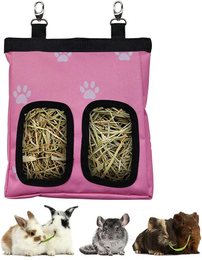 Guinea Pig Hay Feeder, Hanging Rabbit Hay Feeder Bag for Guinea Pigs Bunnies Chinchillas. Pink Paws
