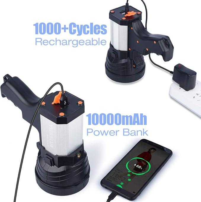 YIERBLUE Rechargeable Spotlight, Super Bright 1000,000 Lumen LED Handheld Spotlight 10000mAh Long Lasting Large Flashlight Searchlight and Flood Camping Flashlight with Foldable Tripod(Silver)