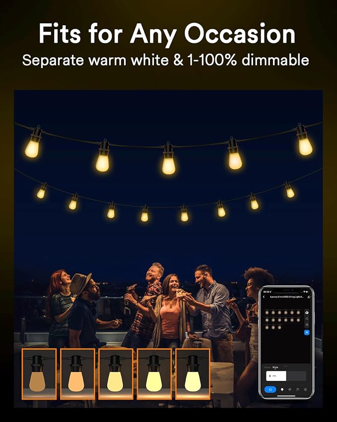 Lumary 100FT Smart Outdoor String Lights with APPRemoteVoice Control, RGBAI Color Changing Patio Lights with Warm White 302 LED Bulbs, IP65 Waterproof Permanent Outdoor Lights Work with Alexa