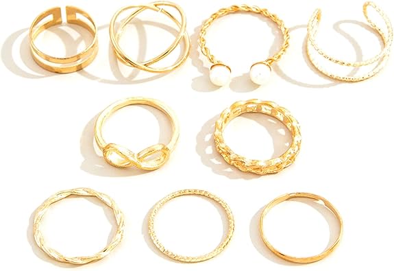 9x Bohemian Finger Ring Adjustable Band Ring Pearl Open Ring Silver Stackable Ring for Party Dress Accessory Birthday