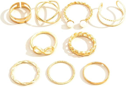 9x Bohemian Finger Ring Adjustable Band Ring Pearl Open Ring Silver Stackable Ring for Party Dress Accessory Birthday