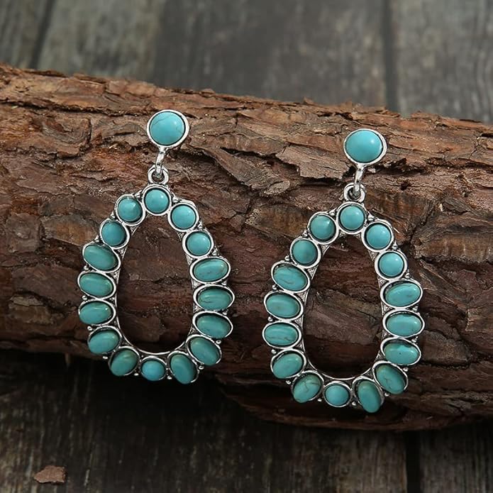 Boho Turquoise Oval Drop Dangle Earrings for Women Beaded Western Flower Teardrop Earrings Vintage Ethnic Alloy Pendant Jewelry Gift