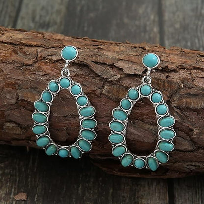 Boho Turquoise Oval Drop Dangle Earrings for Women Beaded Western Flower Teardrop Earrings Vintage Ethnic Alloy Pendant Jewelry Gift