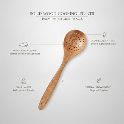 Solid Wood Cooking Utensil Set with Clear Lacquer Finish for Non-Stick Cookware, Natural Brown Kitchen Tools