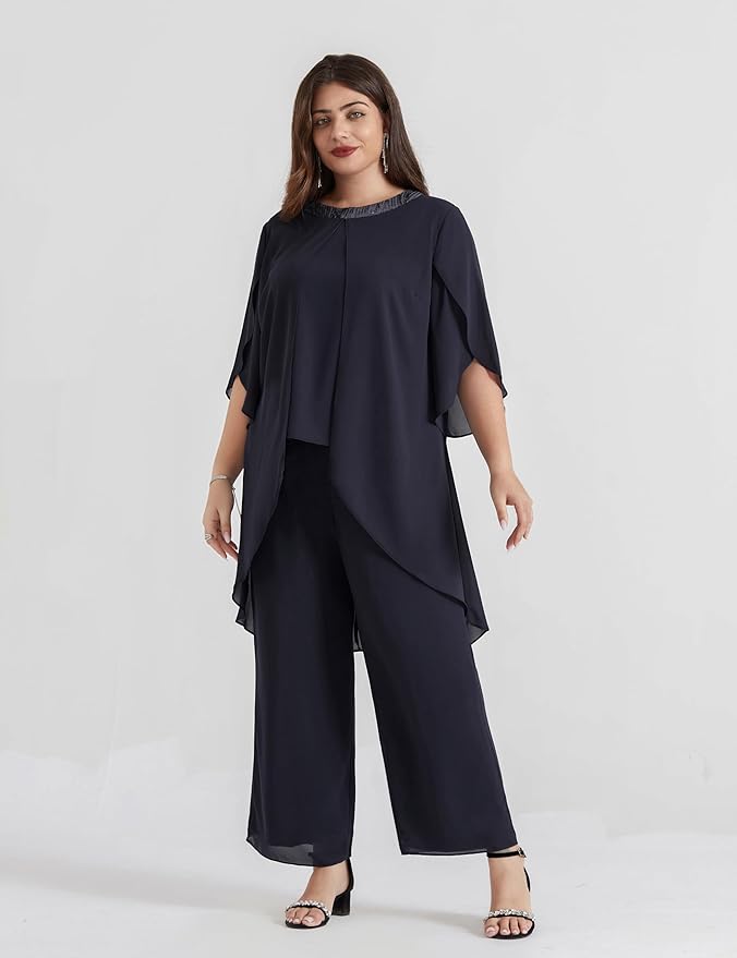Hanna Nikole Plus Size Mother of The Bride Pant Suits 2 Piece Chiffon Sets Dressy Wedding Guest Outfit with High Low Hem