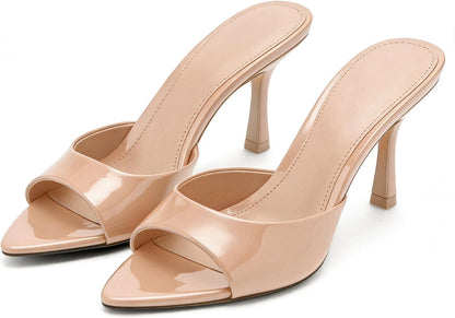 High Heel Mules for Women Slip On Open Pointed Toe Classy Patent Leather Stiletto Pumps Formal Slingback Mule Sandals Dress Walking