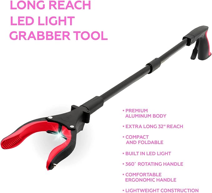 Grabber Tool 32" Aluminum Magnetic Claw with LED Light, Lightweight Foldable Reacher Grabber Pickup Tool, Gripper Grabbers for Elderly Grab it Reaching Tool Trash Picker Grabber, Red, by Luxet