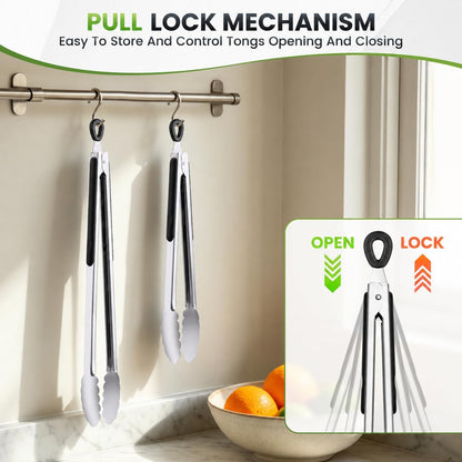 7/9/12 Inch Kitchen Tongs Set, Stainless Steel Cooking Tongs (7"+9"+12") For Cooking/Serving/Grilling | Heat-Resistant | Dishwasher Safe