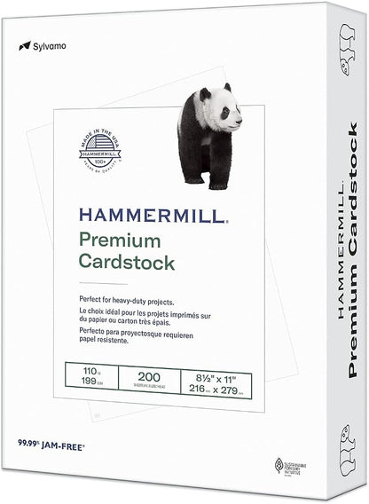Hammermill White Cardstock, 110 Lb, 8.5 x 11 Colored Cardstock, 1 Pack (200 Sheets) - Thick Card Stock, Made in the USA, 168380