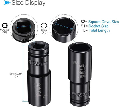 Deep Impact Socket, 12" Drive 22mm Socket, CR-V Steel Rounded Corner Design 6-Point Deep Impact Socket - (Applications: for Screw Installation and Removal)