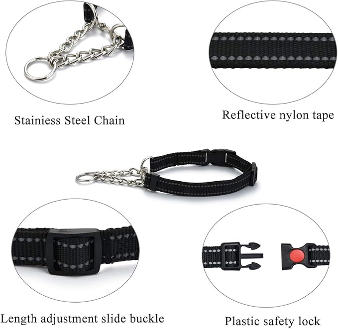 Reflective Martingale Collars for Dogs with Quick Release Buckle, Pet Stainless Steel Chain No Pull Slip Choke Collar for Training