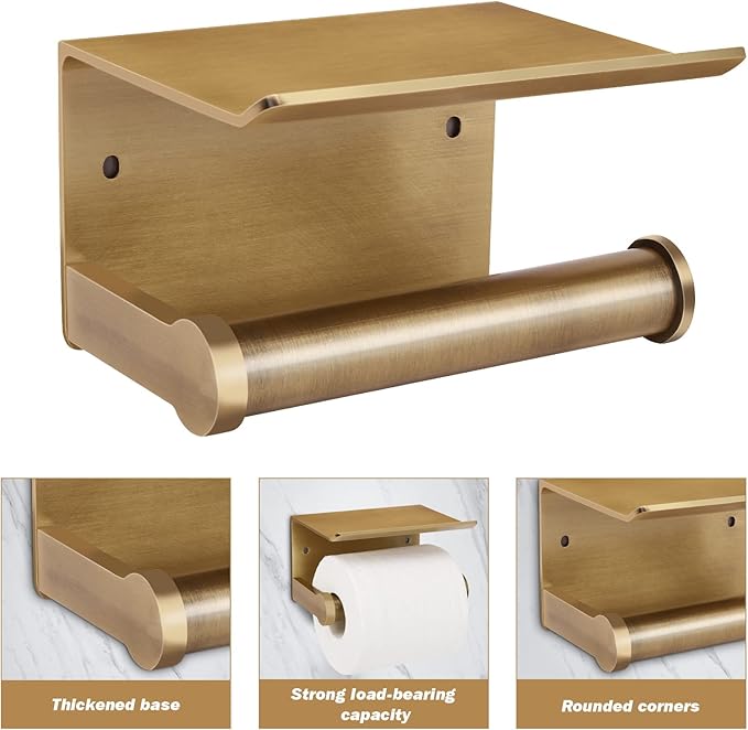 Antique Bronze Toilet Paper Holder Wall Mount with Shelf - No Drill 3M Adhesive or Screw Mount Bathroom Tissue Paper Dispenser-Aluminum Storage Rack for Phone, Wipes, Soap-Modern Bathroom Organizer