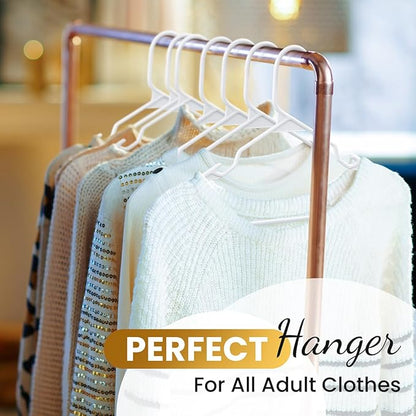 50 Pack Adult Plastic Hanger for Shirt Pants Coats Dresses Skirts Suits Jackets - Standard Thick Coat Hanger - Sturdy & Durable Design with Shoulder Grooves Hook - White
