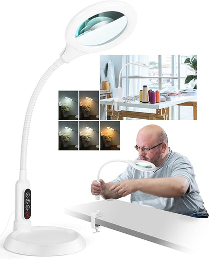 10X Magnifying Glass with Light , LED 5 Color Modes, Brightness Stepless Dimming Lighted Magnifier Hands Free, Flexible Gooseneck Desk Lamp, Crafts, Hobby - White