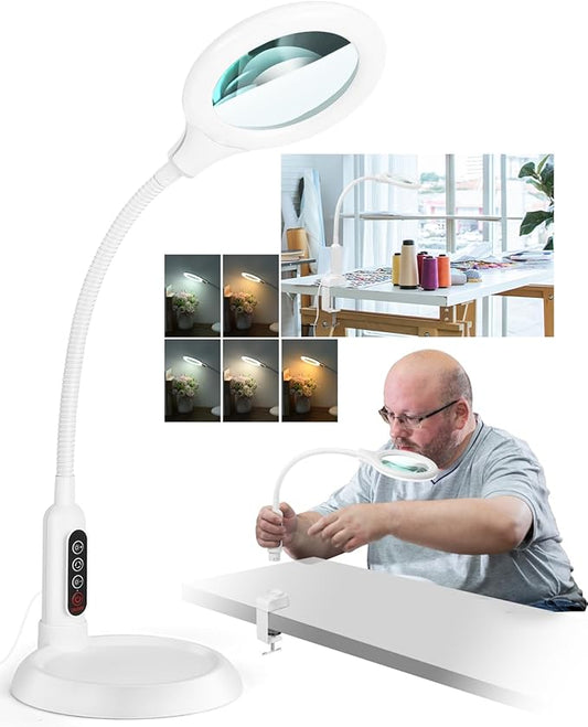 10X Magnifying Glass with Light , LED 5 Color Modes, Brightness Stepless Dimming Lighted Magnifier Hands Free, Flexible Gooseneck Desk Lamp, Crafts, Hobby - White