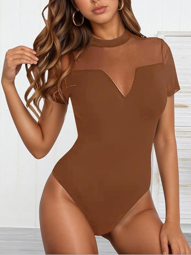 Jenbou Women's Sexy Mesh Cutout V Short Sleeve Shirts Sheer Turtle Neck Body Suits Leotard Going Out Bodysuits Tops