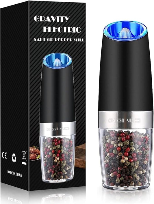 Sweet Alice Gravity Electric PepperSalt Grinder, Salt or Pepper Mill  Adjustable Coarseness, Battery Powered with LED Light, One Hand Automatic Operation, Stainless Steel (SingleBlack)