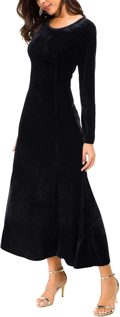 Urban CoCo Women's Elegant Long Sleeve Ruched Velvet Stretchy Long Dress .