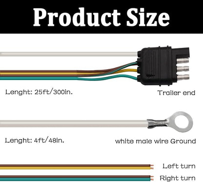 25ft Flat 4 Wire Trailer Light Wiring Harness Extension Kit, 18 Gauge White Ground Wire Trailer Wiring Harness for O-016 Trailers