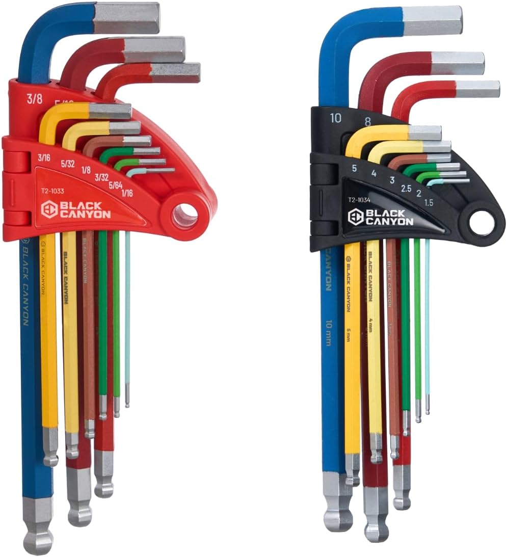 BLACK CANYON Hex Key Set, 18 pcs SAE and Metric Allen Key, 1/16 in-3/8 in and 1.5 mm-10 mm, Ball End, Color-Coded, Chrome, High Torque Steel, L-Shape Design, for Mechanics, Electrical Equipment