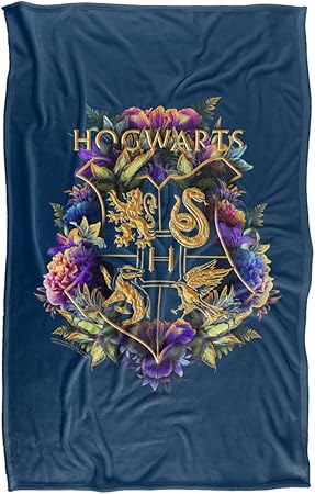 Harry Potter Hogwarts Multi-Colored Floral Crest Silky Touch Super Soft Throw Blanket 36" x 58",Hogwarts Multi-Colored Floral Crest, Blue