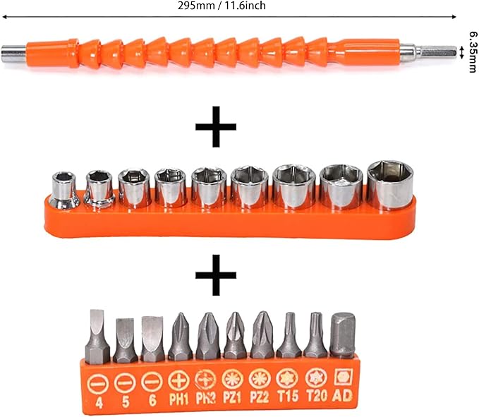 Flexible Drill Bit Extension, 11.6inch Bendable Drill Bit Extension, Universal 14 Flexible Extension for Drill Adaptor Hex Set Orange (21 PCS)