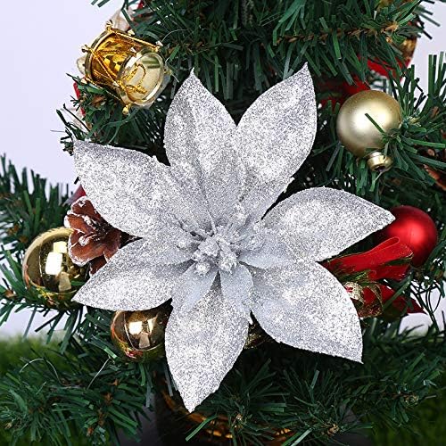YYCRAFT Glitter Poinsettia Flowers 6 Inch for Christmas Tree Ornaments Christmas Decorations(12pcs,Silver)