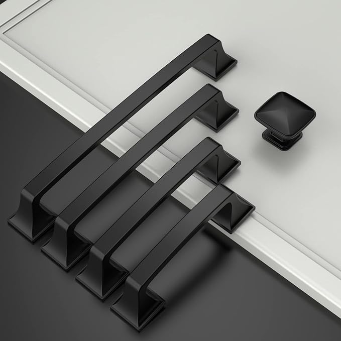 Amerdeco 10 Pack Kitchen Cabinet Handles Matte Black Cabinet Pulls 5 Inch(128mm) Hole Center Cabinet Hardware for Bathroom Drawer Pulls Dresser Pulls AM0002