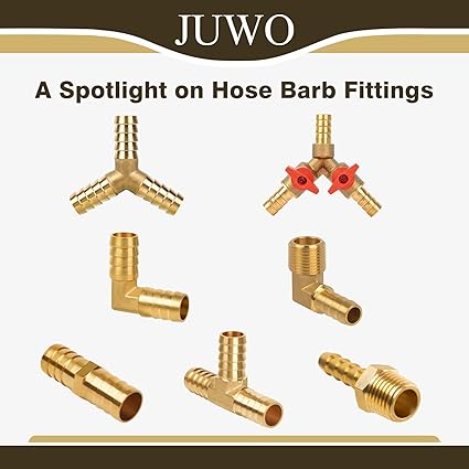 14" Hose Barb Elbow 90 Degree, Brass Barb Fitting for Fuel, Air, Oil, 4 Clamps Included (2-Pack)