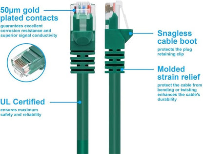 Monoprice Cat6 Ethernet Patch Cable - Snagless RJ45, Pure Bare Copper, 550MHz, UTP, 24AWG, 14 Feet, Green - Fullboot Series