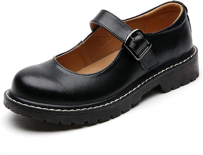 XMM Mary Jane Shoes Women Oxford Shoes Leather Round Toe Flats Non-Slip Ankle Buckle Strap Comfort Casual Dressy Cosplay Party School Work Shoes - Yellow Trim