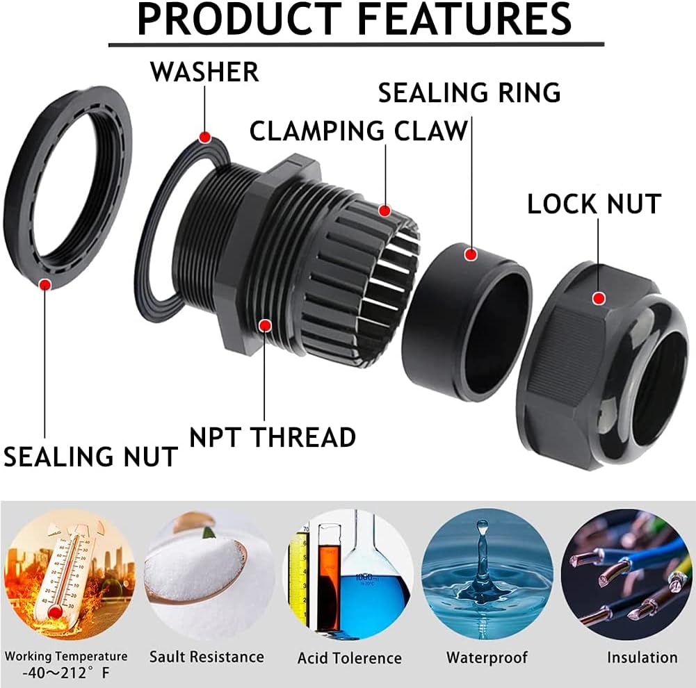 PENGLIN 8PCS Cable Glands 1" NPT Nylon Cable Connector Waterproof Long-lasting Tight Sealing,IP68 Waterproof Protection,Adapt to Heavy-duty Working Scenarios