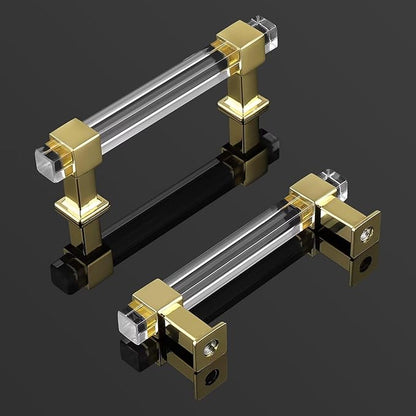 knobelite 3-12 Inch Hole Center Adjustable Cabinet Pulls 5 Pack, Square Drawer Pulls with Gold Zinc Alloy Base and Clear Arcylic Tube, Kitchen and Bedroom Glass Cabinet Handles