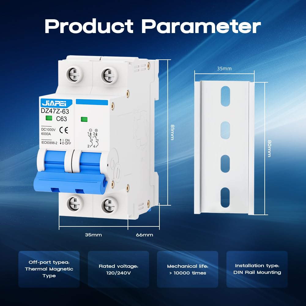 DC Miniature Circuit Breaker, 1000V 2 Pole 63 Amp Isolator for Solar PV System, Thermal Magnetic Trip DIN Rail Mount, C63 DC Disconnect Switch