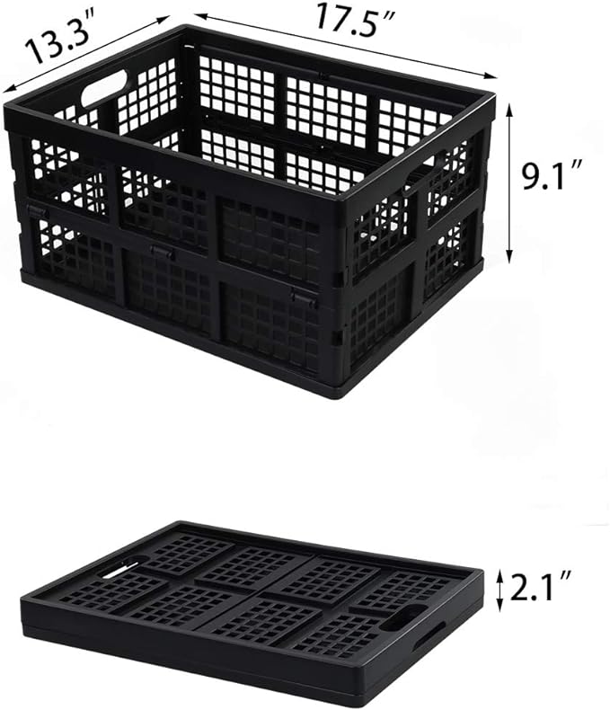 34 L Black Plastic Folding Storage Crates, Collapsible Crates, 2 Packs