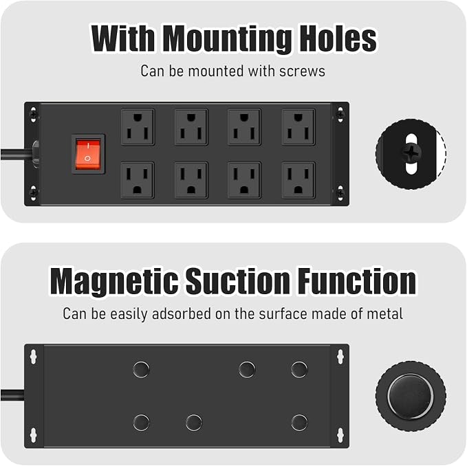 Metal Magnetic Power Strip, 8 Outlet Mountable Socket, Wall Mount Heavy Duty Surge Protector, Catering for Your Every Need, Gaming Table Outlet with 6 FT Power Cord.(Black)