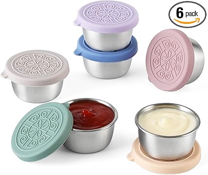 6 Pack Salad Dressing To Go Containers, 1.6 oz Small Stainless Steel Sauce Cups With Leakproof Silicone Lids, For Lunch Boxes, Picnics and Travel