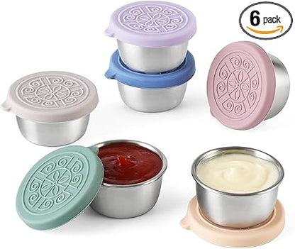 6 Pack Salad Dressing To Go Containers, 1.6 oz Small Stainless Steel Sauce Cups With Leakproof Silicone Lids, For Lunch Boxes, Picnics and Travel