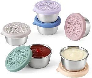6 Pack Salad Dressing To Go Containers, 1.6 oz Small Stainless Steel Sauce Cups With Leakproof Silicone Lids, For Lunch Boxes, Picnics and Travel