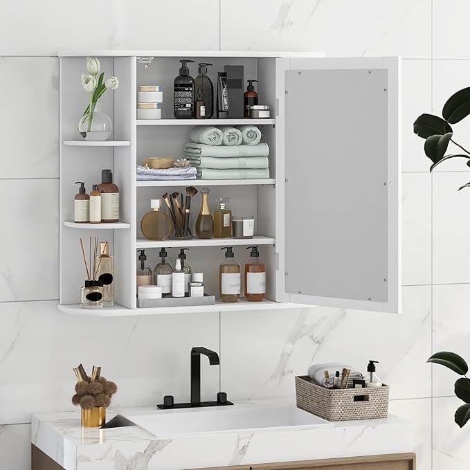 Tangkula Bathroom Medicine Cabinet with Mirror, Wall Mounted Home Storage with Door & 6 Open Shelves, Adjustable Shelves, Mirrored Bathroom Wall Cabinet (White)