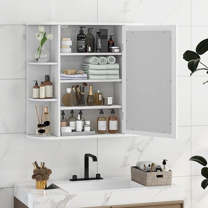 Tangkula Bathroom Medicine Cabinet with Mirror, Wall Mounted Home Storage with Door & 6 Open Shelves, Adjustable Shelves, Mirrored Bathroom Wall Cabinet (White)
