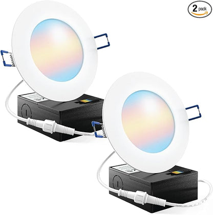 Sunco 2 Pack 4 Inch Slim LED Recessed Ceiling Lights, Selectable CCT 2700K3000K4000K5000K6000K Dimmable, 10W, Canless with Junction Box - ETL