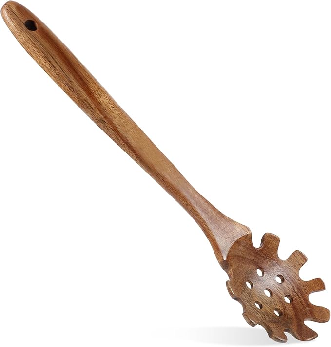 Wooden Pasta Spoon with Teeth 13 Inch Wooden Slotted Spoon Spaghetti Fork for Serving Pasta Long Hand Serving Utensils Wood Spaghetti Server Spoons Spatula Tool