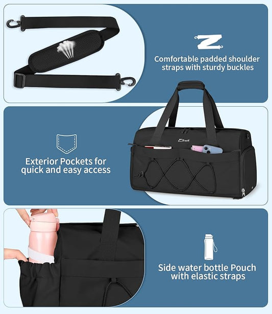 ETRONIK Gym Bag for Women, Travel Duffle Bag with Shoe Compartment  Wet Pocket, Carry On Weekender Overnight Tote Bag for Women Men, Travel, Workout, Yoga, Swimming, Black