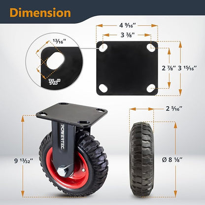 POWERTEC 8 Inch Caster Wheels, Heavy Duty Fixed Plate Casters with Rubber Knobby Tread for Workbench, Dolly, Cart, Trolley, Wagon and Chicken Coop, Large Rubber Castor Wheels, 1PK (17053)