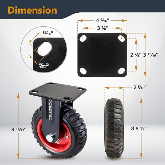 POWERTEC 8 Inch Caster Wheels, Heavy Duty Fixed Plate Casters with Rubber Knobby Tread for Workbench, Dolly, Cart, Trolley, Wagon and Chicken Coop, Large Rubber Castor Wheels, 1PK (17053)