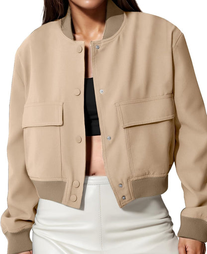 Women's Spring Varsity Bomber Jackets Long Sleeve Cropped Button Down Casual Coat with Pockets Outwear